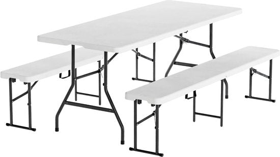 LifeGoods Inklapbare Picknickset - 180cm x 74cm - Tuintafel met 2 Banken - Weerbestendig - Campingtafel - Biertafel Opklapbaar - Voor Binnen en Buiten - Voor 6 tot 8 Personen - Wit