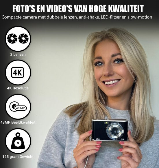 K&L Digitale Camera 4K - Fototoestel - Fotocamera - Compact Camera - Vlog Camera - Voor Kinderen - Inclusief 64GB - NL Software