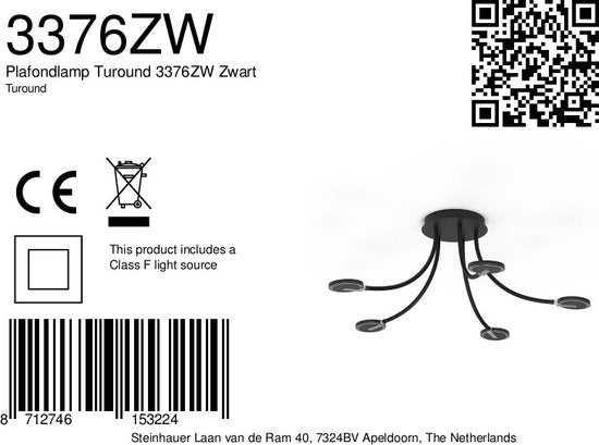Plafonnieres Turound 3376ZW Zwart - Draaibaar en kantelbaar, van glas en metaal, Ø 91,5 cm, Steinhauer
