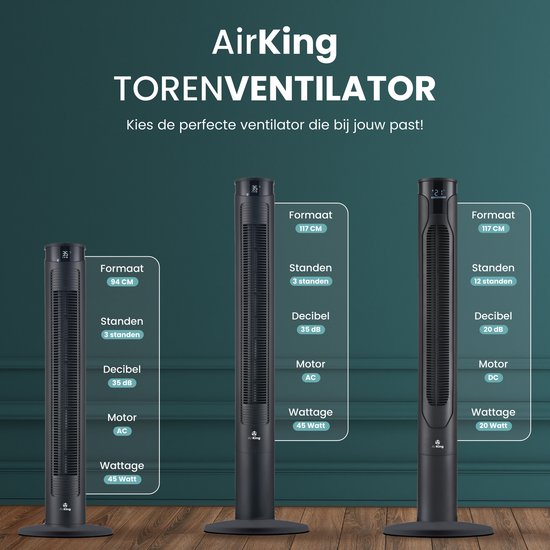 AirKing Torenventilator 117cm - Kolomventilator met Afstandsbediening - Timer - 3 Snelheidsstanden - Oscillatie & Dimbaar LED Scherm - Energiezuinig - Koelventilator voor Kamer - Zwart