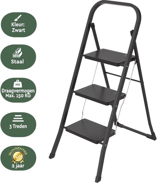 BRASQ Huishoudtrap 3-treden Zwart - keukentrap inklapbaar metaal voor Particulier en professioneel gebruik - Trap Ladder - Anti slip