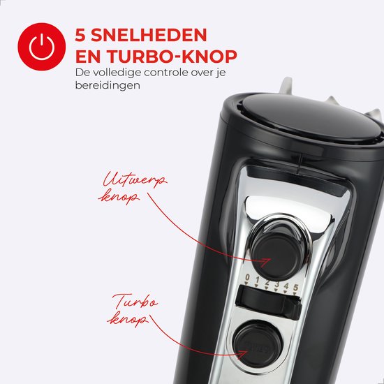 Bourgini Retro Handmixer - 5 snelheden en turbofunctie - RVS deeghaken en gardes - Zwart