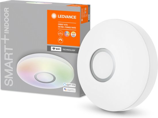 LEDVANCE Slimme led-wand- en plafondlamp voor binnen met wifi-technologie, lichtkleur veranderbaar (3-K-65-K), RGB-kleuren veranderbaar, wit, 34-mm, compatibel met Google en Alexa, SMART+ ORBIS KITE RGBW