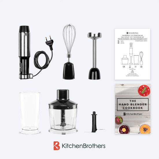 KitchenBrothers Staafmixer Set - Hakmolen - Garde - Maatbeker - 4-in-1 Mixer - 6 Snelheden + Turbo - RVS