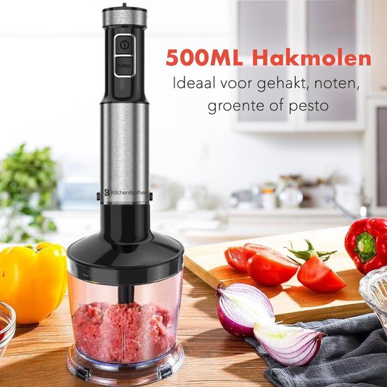 KitchenBrothers Staafmixer Set - Hakmolen - Garde - Maatbeker - 4-in-1 Mixer - 6 Snelheden + Turbo - RVS