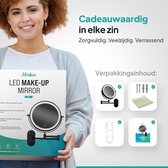 Mirlux Make Up Spiegel met Led Verlichting - Oplaadbaar - 5X Vergroting - Vergrootspiegel met Licht - Scheerspiegel - Badkamerspiegel - Zwart