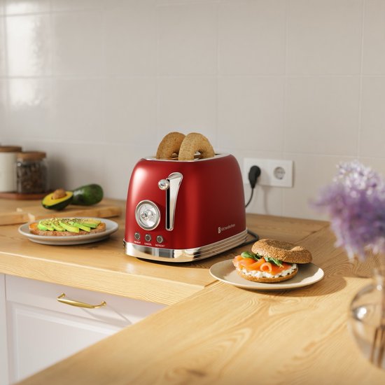 KitchenBrothers Retro Broodrooster - Toaster - 6 Warmteniveaus - 2 Extra Brede Sleuven - 815W - Rood