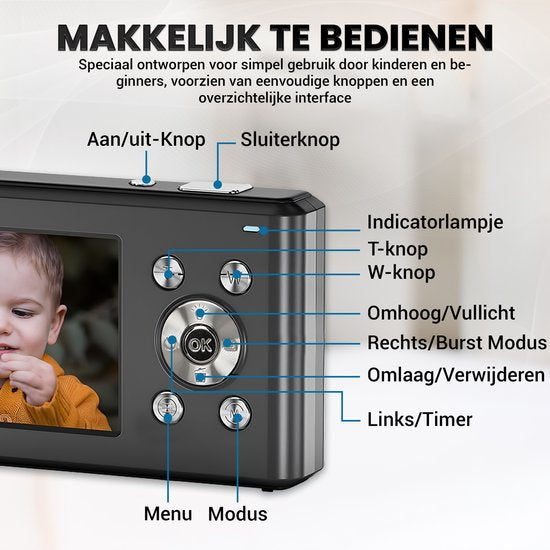 K&L Digitale Camera - Fototoestel - Fotocamera - Compact Camera - Vlog Camera - Voor Kinderen - Inclusief 32GB - NL Software