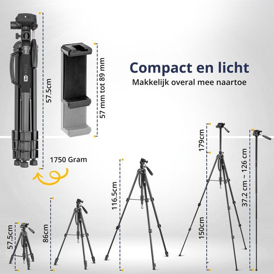Studio ME Telefoon Statief - 179 cm - Camera Statief - Zwart - Monopod - Tripod Smartphone - Telefoonhouder - Tripod Iphone - Statief Telefoon / Camera / DSLR