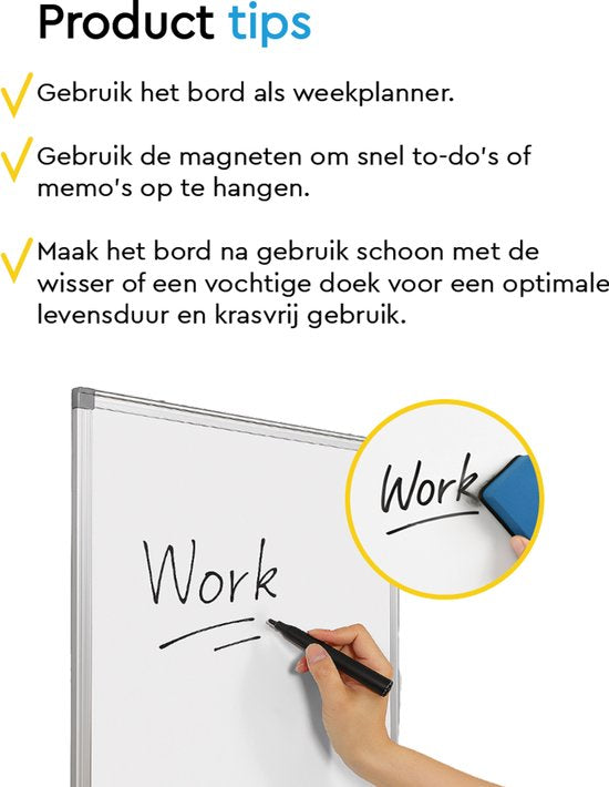 BRASQ Whiteboard 60×45 cm magnetisch – met accessoires set (markers, wisser, magneten) - Schoolbord - Magneetbord – Wit