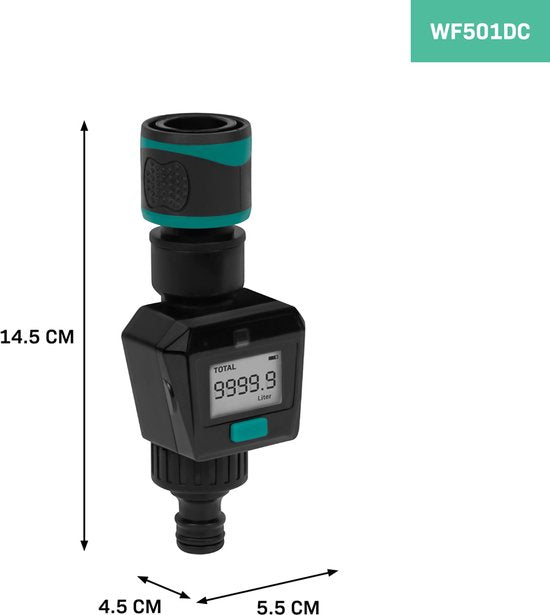 VONROC Watermeter – Digitaal - Incl. Slangkoppelingen en batterij