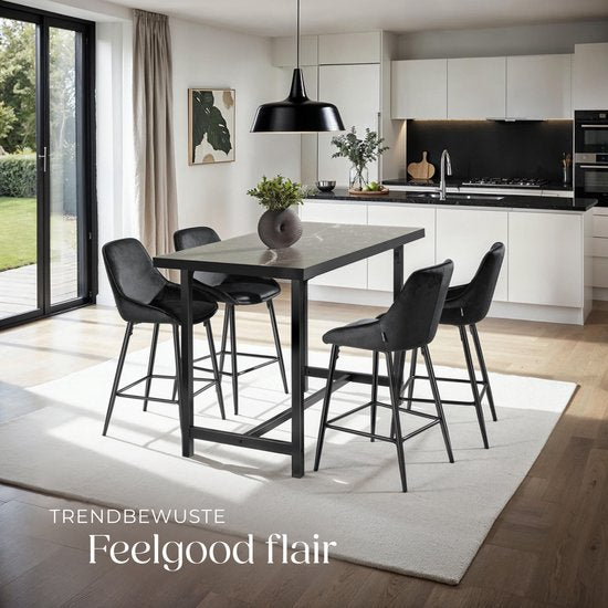 tectake® - Set van 2 Barkrukken Siera - Gestoffeerde Barkruk met rugleuning - Barstoelen - Barstoel met voetensteun - Eetkamerstoel met fluweellook bekleding en zachte schuimvulling - Stevige stalen poten met antislip vloerbescherming - Zwart