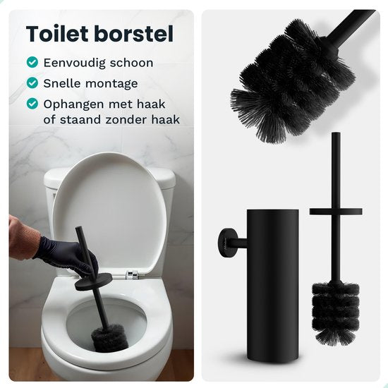 Mirlux Badkameraccessoireset - Toiletborstel met houder - Toiletrolhouder - Wc Rolhouder zonder boren - Handdoekhaakjes Zelfklevend - Reserverolhouder - Toiletborstelhouder - Zwart