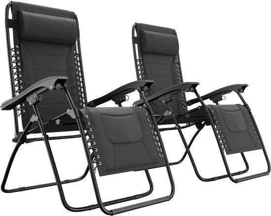 LifeGoods Ligstoelen Comfort - Opvouwbaar - 30°-90° Verstelbaar - Beker en Telefoonhouder - Tuinstoelen - Zwart