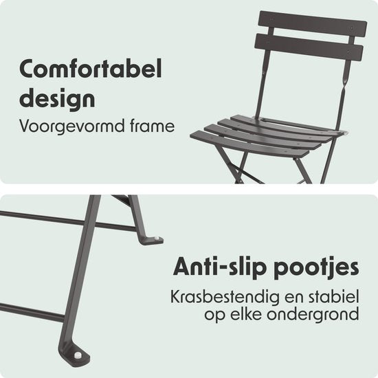LifeGoods Bistroset - Staal - 3-delig - Tuinset - Inklapbaar - Balkonset met Tafel - Weerbestendig - Donkergrijs