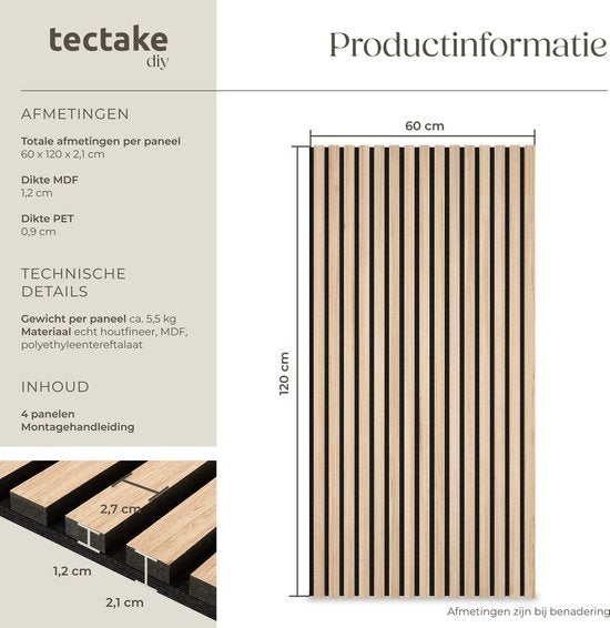 tectake® Akoestische Panelen - Set van 4 - Akoestisch Wandpaneel - 60 x 120 cm - 2,88 m² - Wandpanelen met Aanpasbare Grootte - Lattenwand van MDF en Houtfineer - Geluidsisolatie - Stijlvolle Wanddecoratie - Eenvoudige Montage - Licht Eiken