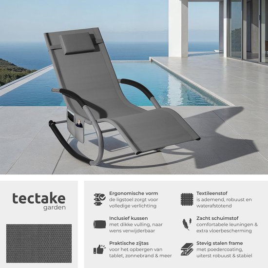 tectake® Ligstoel Taya - Ergonomisch Ligbed voor Tuin, Terras, Balkon - Relaxstoel met Schommelfunctie - Tuinstoel met Comfortabele Armleuningen, Hoofdsteun en Opbergvak - Weerbestendig en Waterafstotend - 120kg Draagkracht - Grijs