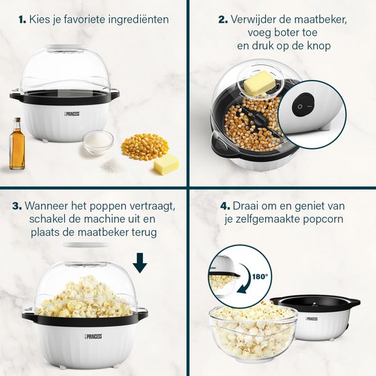 Princess 292980 Popcornmaker - Popcornmachine 450w - Transparant deksel - Serveerschaal - Rond - Knapperige en gezonde popcorn - met maatbeker - met smeltplaat voor boter - olie toevoegen mogelijk - Kinderfeestje