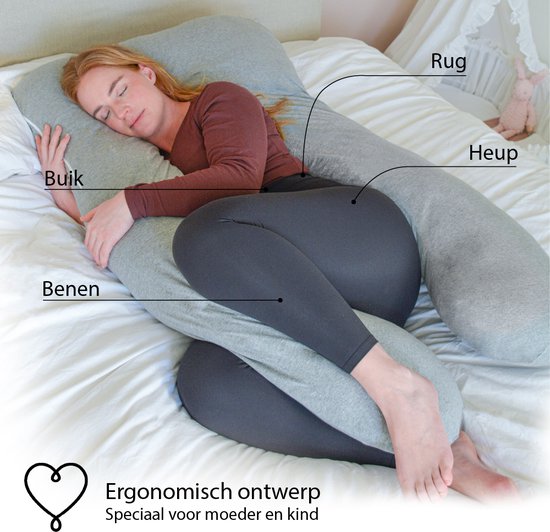 EL-Life Zwangerschapskussen XXL U-Vorm - Zijslaapkussen - Lichaamskussen - Voedingskussen - Body Pillow - 140x80cm - Afneembare Jersey Katoenen Hoes, Lichtgrijs