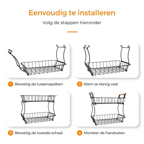 Posity Fruitschaal 2 Laags - Fruitmand - Fruit Etagere - Groentemand - Draadmand - Met bananenhouder - Hout & Metaal - Zwart