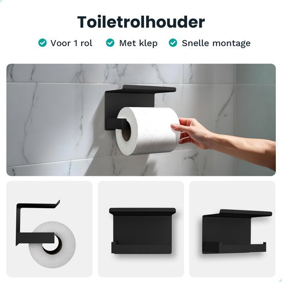 Mirlux Badkameraccessoireset - Toiletborstel met houder - Toiletrolhouder - Wc Rolhouder zonder boren - Handdoekhaakjes Zelfklevend - Reserverolhouder - Toiletborstelhouder - Zwart