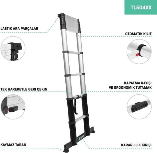 VONROC PRO telescoopladder - 3,20 meter - goedgekeurd volgens EU - en NL veiligheidsnormen - softclose - geïntegreerde muursteunen en dwarsbalk voor meer grip en veiligheid