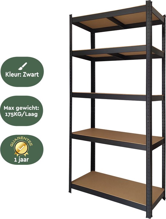 BRASQ Zwart Metalen Stellingkast - 180x90x40cm - 5 Lagen - kast 175 KG/plank - 875 KG max