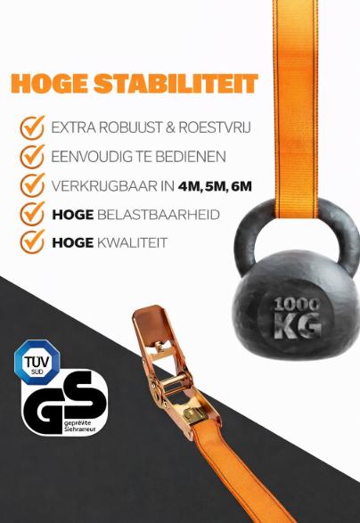 4 stuks spanbanden met ratel, in 4 m, 5 m of 6 m, ratelriemen, TÜV/GS-gecertificeerd, met dubbele naad, sjorbanden, weerbestendig en robuust