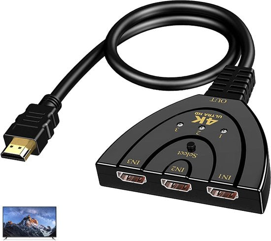 HDMI splitter - HDMI switch - 4K Ultra HD - 3 ingangen - 1 uitgang - HDMI Splitter - Hoge snelheid 3 poorten - Splitter 3-in-1-uitgang - geschikt voor tv, pc, Roku, Fire TV Stick, Xbox, PS5, PS4, Blu-Ray, projector, HD-monitor