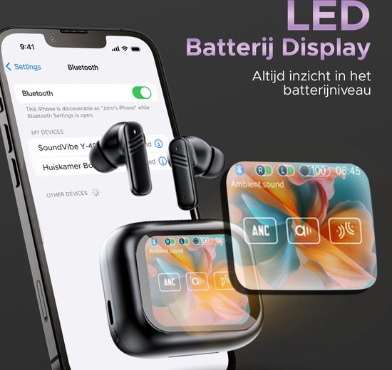 SoundVibe® - Earbuds Draadloos Met Noice Cancelling - Zwart - Bluetooth Oordopjes - Noice Cancelling Hoofdtelefoon - LX-10 Earpods met Scherm - Werkt Met Apple En Android - Earpods USB C - Wireless Earphons - Oortjes Draadloos