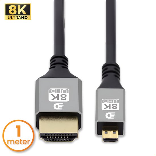 Drivv. Premium Micro HDMI naar HDMI Kabel 2.1 - 8K 60Hz / 4K 120Hz Ultra HD - Geschikt voor Camera, GoPro, Computers - 1 meter - Grijs