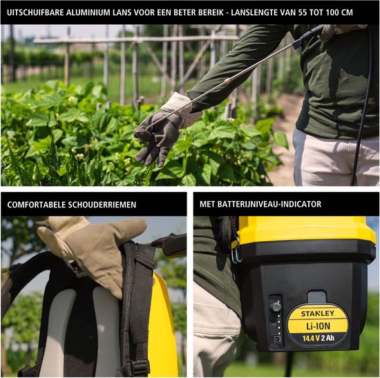 Stanley Druksproeier 16 L rug, rugsproeier tuin, drukspuit, elektrisch, heroplaadbare batterij lithium, telescopische lans, regelbare sproeikop, autonomie 2 h, max. 5 bar, 0.60 l/minuut, geel/zwart