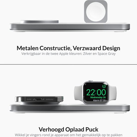 Favolt Site:3 Magsafe 3 in 1 Draadloze Oplader (MFi/QI) Magnetisch Laadstation voor iPhone Apple Watch AirPods Silver