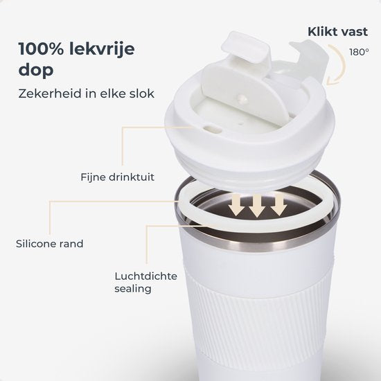 Castagnola Thermosbeker - Koffiebeker To Go - Travel Mug voor Koffie en Thee - Theebeker - 380 ML - RVS - Wit