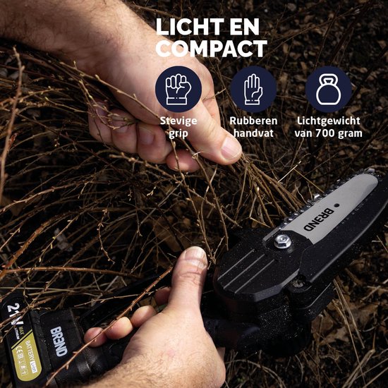 BREND BR-2236 Elektrische Mini Kettingzaag met Accu en Opbergkoffer – Draadloze Snoeizaag voor Takken en Stammen – 20 Min Zaagtijd – Zwart