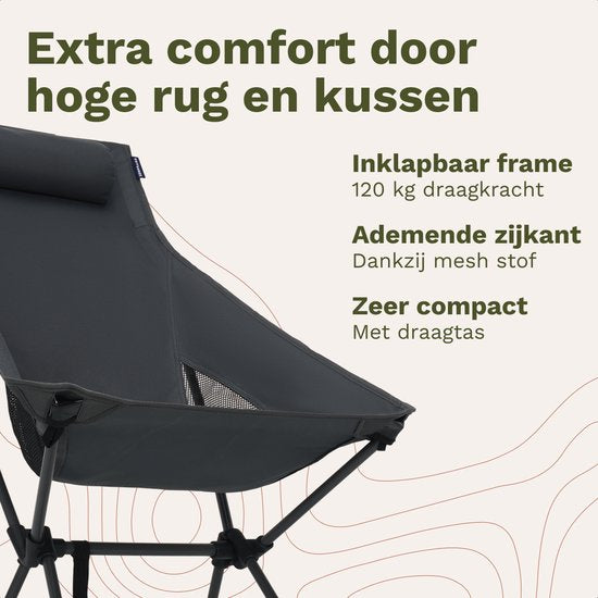 TRVLMORE Campingstoel - Opvouwbaar - 120KG Draagvermogen - Incl. Draagtas - Klapstoel - Visstoel - Kampeerstoel - Vouwstoel - Grijs