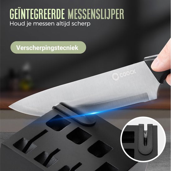 COOCK - Messenset met Blok en Vouwbare Snijplank – Keukenmessen - Schaar - Aanzetstaal (Messenslijper) – 15-Delige Keukengerei Set in Messenblok - Met Krasbestendige Coating - RVS/Zwart