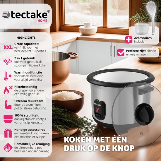tectake® Rijstkoker - Stoompan en rijstmaker met stoominzet - Kookpot voor de keuken met groot volume van 1,8L - Maximaal 10 porties kleefrijst, volkoren rijst of sushirijst