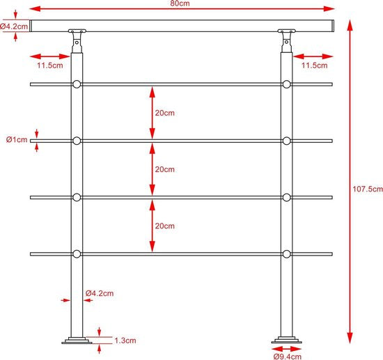 Monzana Trapleuning 80 cm - Met 4 Spijlen – Roestvrijstaal