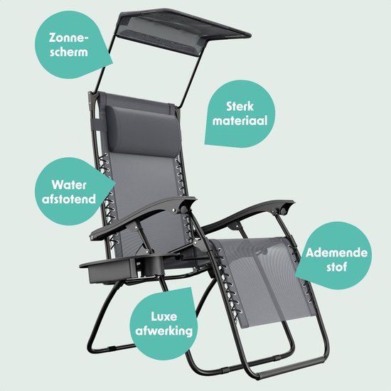 LifeGoods Opvouwbare Tuinstoel - Verstelbaar Zonnescherm - Ligstoel Tuin - 30°-90° Verstelbaar - Metaal - Grijs