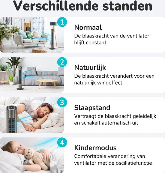 Bloomfold Toren Ventilator - 38 inches - Grijs - Afstandsbediening - Slaapstand - 12 uur Timer - Full Led Display