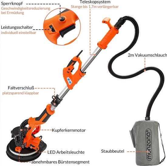 Monzana Schuurmachine – 12xØ 225mm Schuurpapier – Zuigzak 80 LED´s