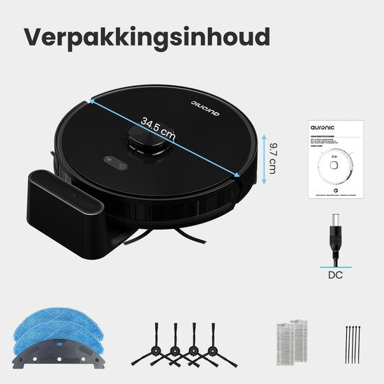 Auronic Robotstofzuiger - Dweilfunctie – 4000 Pa Zuigkracht – 180 min Batterijduur – 34,5 x 34,5 x 9,7 cm – Zwart