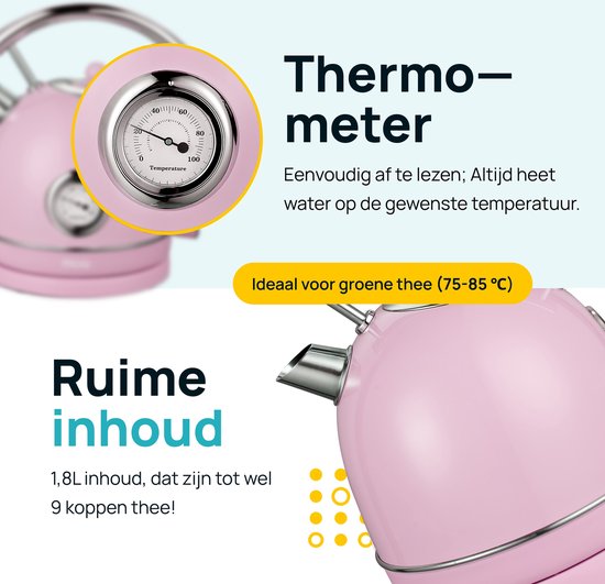 MOA Waterkoker Retro - 1,8 Liter - Elektrische Waterkoker - Anti Calcium Filter - BPA-vrij - RVS - 2200W - Pastel Roze