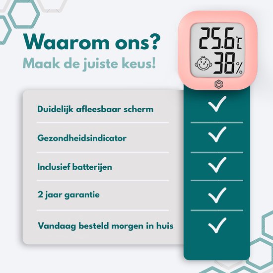 Ease Electronicz Hygrometer - Weerstation - Luchtvochtigheidsmeter - Thermometer Voor Binnen - Incl. Batterij en Plakstrip
