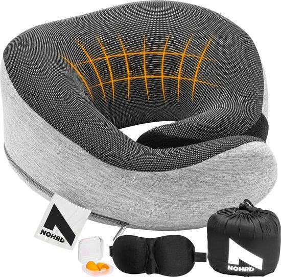 NOHRD Nekkussen Vliegtuig - Reiskussen - Grijs - Memory Foam - Incl. Oordopjes, Slaapmasker & Draagtas - Traagschuim - Neksteun