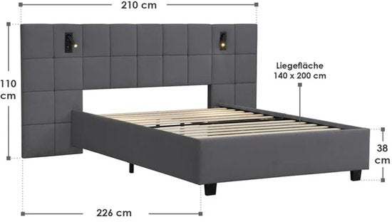 Juskys – Polsterbed Luzano – 140 x 200 cm – Voorzien Van LED-Leeslampjes En Gecapitonneerd Hoofdbord – Voor Slaapkamer En Logeerkamer – Donkergrijs Fluweel