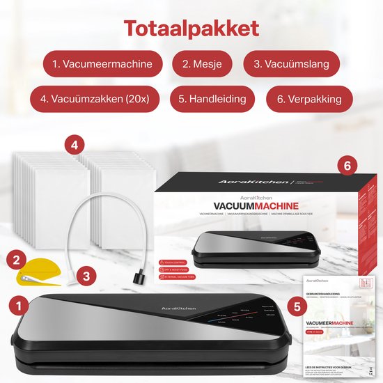AoraKitchen Vacumeermachine - Vacuummachines - 6 Functies - Incl. 20 Vacumeerzakken & Vacuum Slang