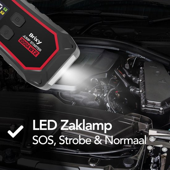 Brixy Jumpstarter voor Auto - 2200A / 16.000 mAH - 4-in-1 Starthulp - LED Zaklamp, SOS Noodlicht en Powerbank - Rood/Zwart