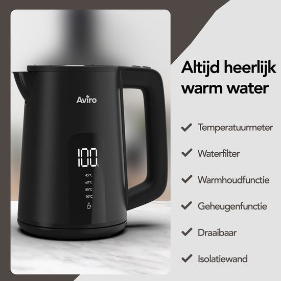 Aviro Waterkoker Met Temperatuurregeling - Warmhoudfunctie - 1.7L - RVS - Dubbelwandig - Elektrisch - 2000W - Zwart